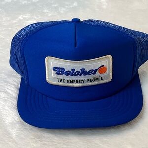 Vintage Belcher Trucker Hat Snapback Blue Mesh Cap Oil Gas Energy Patch 80s